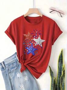 Summer Casual Women's Top, Star THE BRIDE EST Print, Retro Pure Cotton Short Sleeved T-Shirt, Casual Street Pattern Short Sleeved T-Shirt - 紅色 - 查看 6