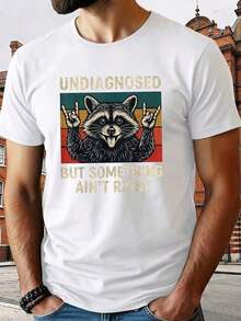 Men's Casual Short-Sleeve Crew Neck T-Shirt, Printed With A Raccoon Design, A Hand Gesture, And The Text "Not Diagnosed, But Not Feeling Well." Made Of Polyester Knit Fabric. Men's Short-Sleeve T-Shirt | Exquisite Design | Summer Essential | Easy To Match, Showcase Your Style. Men's T-Shirt, Printed T-Shirt, Funny T-Shirt, Men's Vacation Wear, Casual Wear, Valentine's Day Outfit, Men's Clothing, Men's Sweater, Men's Apparel. - 白色 - 查看 6