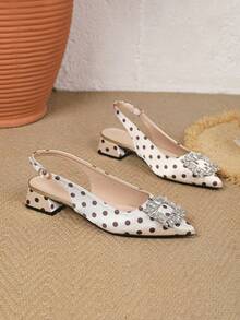3cm Crystal Glass Button Suede Thick Heel Pumps, Comfortable Commuting Sandals For Women - Apricot - View 6