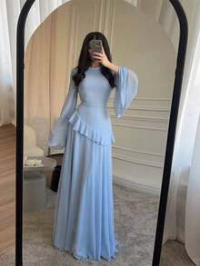 Summer Dresses For Women,Fashionable Slim-Fit Pure Desire Style High-End Round Neck Long Sleeve DressLoose And Comfortable Vestidos Elegantes De Mujer - 天藍色 - 查看 6