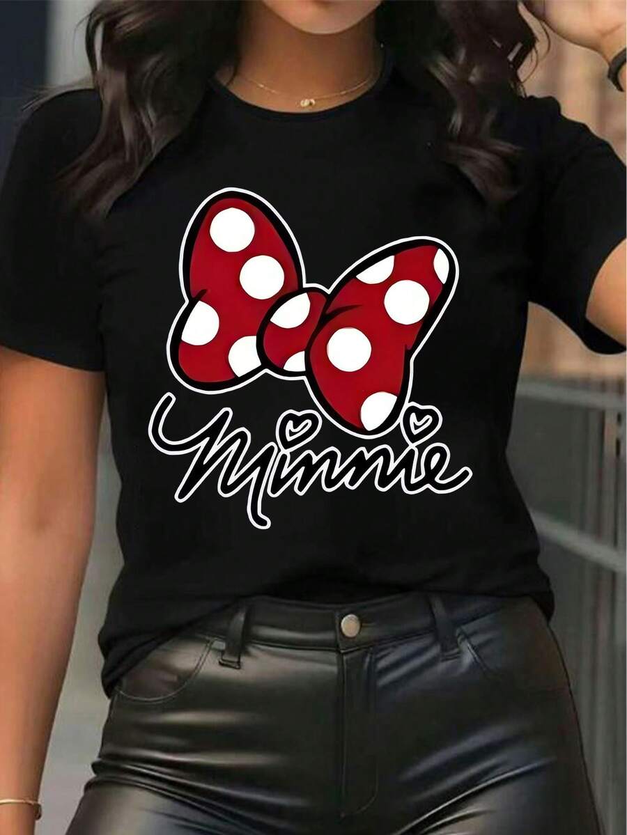 Disney Women's Best-Selling Printed T-Shirt With Red Polka Dot Bow Minnie Mouse Cartoon Motif, Fashionable And Cute, Printed Short-Sleeved T-Shirt With Round Neck, Casual, Comfortable, Stylish And Versatile, Suitable For Spring, Summer And Autumn, Leisure Wear. - màu đen - Xem 1