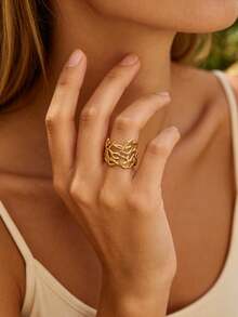 Fashion Coral Open Stainless Steel Women's Ring Personalized Hip Hop Ocean Element Jewelry Waterproof - Yellow Gold - View 1