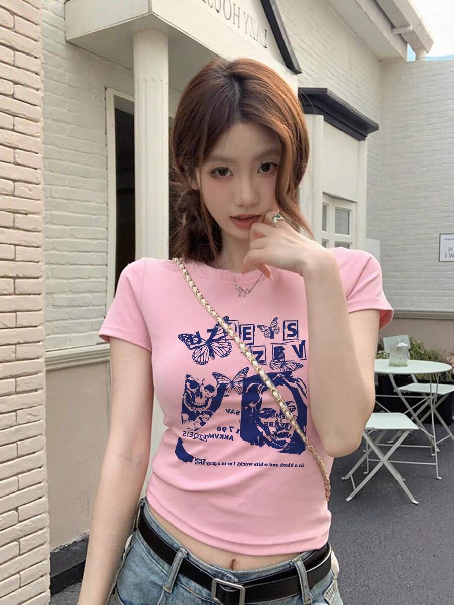 Pink Fitted Regular Shoulder Short Sleeve T-Shirt, American Chic Versatile Retro Top For Summer Casual - Pink-1 - View 1