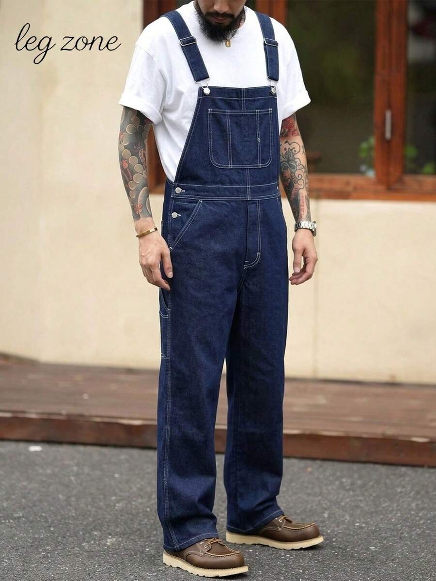 Men's Vintage Denim Dark Blue Overall, Multiple Buttons, Large-Capacity Pockets Casual And Fashionable For Daily Wear Going Out Hang Out Work Street, Versatile All Season Model - 藍色 - 查看 1