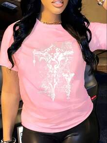 Gothic Cross Script Art Design. Digital Print. Short Sleeves. Unisex. Pure Cotton. Loose And Comfortable. - Pink - View 6