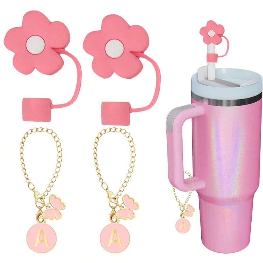 Cartoon Cute Flower Straw Cap (2 Straw Caps + 2 Chains), 10mm Diameter Water Cup Decoration Dust Plug, Silicone Straw Plug, Butterfly Accessory Flower Pendant - Multicolor - View 1