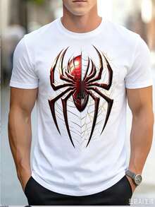 Graphic T-Shirt For Men -T-Shirt With Red And Golden Spider Design, Soft And Breathable Fabric For Daily Streetwear, Comic-Con Outfits - Round-Neck Machine Washable T-Shirt For Young People And Urban Fashion, Casual Wear, Striking Print, Comfortable Fit, Short-Sleeved T-Shirt, Youth Clothing, 100%. GYA8 - 白色 - 查看 1