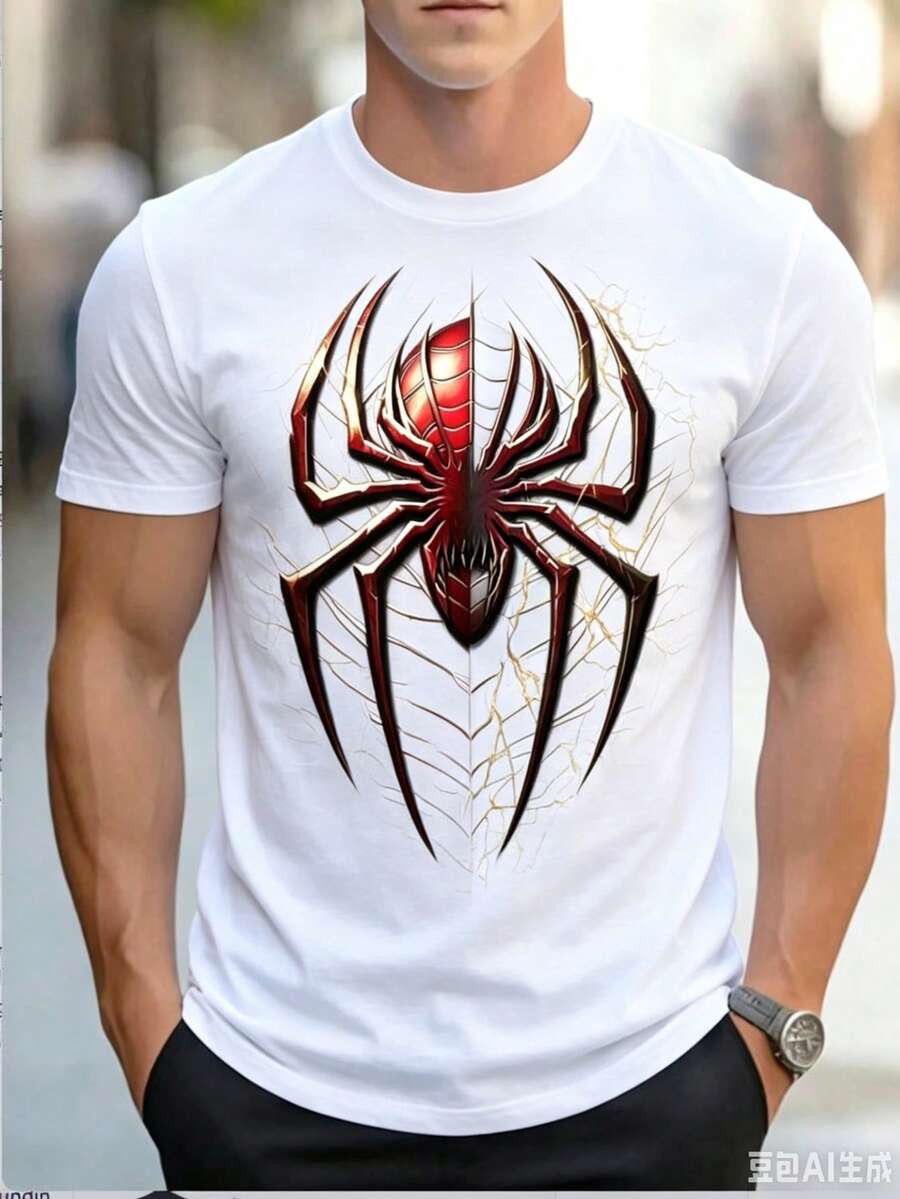 Graphic T-Shirt For Men -T-Shirt With Red And Golden Spider Design, Soft And Breathable Fabric For Daily Streetwear, Comic-Con Outfits - Round-Neck Machine Washable T-Shirt For Young People And Urban Fashion, Casual Wear, Striking Print, Comfortable Fit, Short-Sleeved T-Shirt, Youth Clothing, 100%. GYA8 - 白色 - 查看 1
