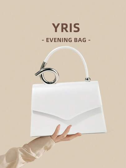 1 túi clutch nắp gập chất liệu PU màu trắng với trang trí cổ tay bằng kim loại, thể hiện thời trang và sang trọng, phù hợp để cầm, mang, đeo chéo hoặc đeo vai, lý tưởng cho đám cưới, tiệc, dạ hội, sự kiện chính thức