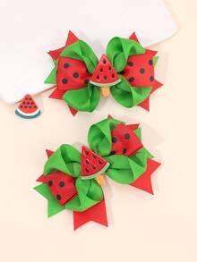 2pcs Watermelon Theme Hair Clips, Red & Green Satin Hair Clips, Summer Hair Accessories - Birthday Party & Daily Outfit, Suitable For Party Gifts, Summer Essential, Vacation Style - Multicolor - View 3
