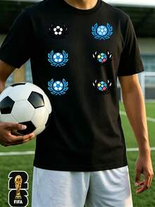 [Officially Licensed By The World Cup] Football Badge Print T-Shirt, Sporty And Casual Style, Soft And Flowy For Summer, Loose Fit That Flatters All Body Types, Skin-Friendly And Breathable Fabric, Soft And Comfortable, Cool Retro Style, Suitable For Spring - High Quality. - 黑色 - 查看 1