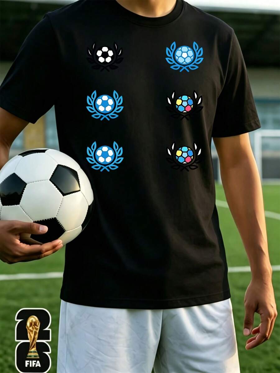 [Officially Licensed By The World Cup] Football Badge Print T-Shirt, Sporty And Casual Style, Soft And Flowy For Summer, Loose Fit That Flatters All Body Types, Skin-Friendly And Breathable Fabric, Soft And Comfortable, Cool Retro Style, Suitable For Spring - High Quality. - 黑色 - 查看 1