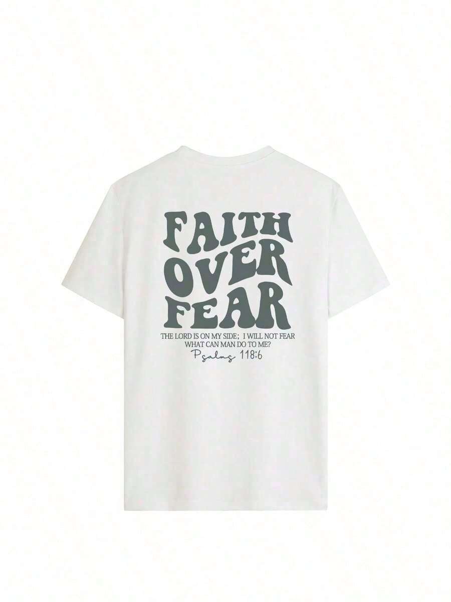 Camiseta de manga corta con cuello redondo y estampado de "La creencia vence al miedo", estilo casual y de resort, uso diario esencial.Camiseta gráfica de , blusa blanca de verano - Blanco - Ver 1