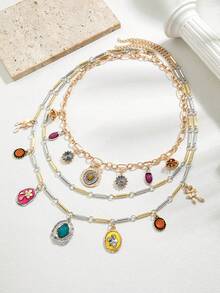 3pcs Colorful Resin Faux Gemstone Pendant Necklace Set, Bohemian Vintage Style Design, Suitable For Daily Commute And Holiday Party Occasions - Multicolor - View 3