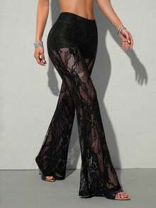 ICON Pantalones acampanados de talle bajo con encaje, de uso elegante y de moda para mujer, inspirados en el estilo y Y2K - Blanco - Ver 9