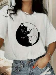Camiseta de Verano para Mujer con Estampado y Cuello Redondo, Moderna y Versátil, Camisetas con Gráficos de Silueta de Gato Blanco y Negro, Top Blanco para Mujer, Ropa para Salir, Estilo Vintage para Vacaciones en la Playa, Ropa para Mujer para el Regreso a Clases - Blanco - Ver 7