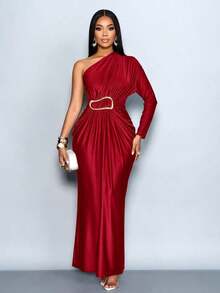 xheSOLERSUN Vestido ajustado de manga larga con cuello asimétrico y decoración metálica para mujer, vestido largo para mujer para vacaciones, boda, graduación, baile de graduación, vacaciones, otoño, adecuado para fiestas de Navidad, vacaciones y citas de San Valentínxhe - Burdeos - Ver 3
