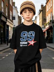 Boys' Soft, Casual Summer Short-Sleeved Crew Neck T-Shirt With "99 Victory" Sporty Print. Suitable For Everyday Wear And Outdoor Activities. White - 黑色 - 查看 8
