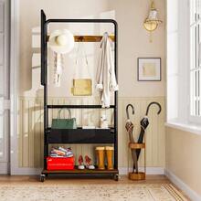 Sturdy Metal Clothes Rack With Wheels, 3-In-1 Model With Basket And Mirror, Hangers, Mobile Rack On Wheels, Spacious Wardrobe, Black, 70 X 40 X 170 Cm - 自然色 - 查看 10