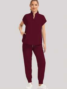 Conjunto de top con bolsillo en cuello en V + pantalón de chándal elástico, uniforme de trabajo con múltiples bolsillos para mujeres - Burdeos - Ver 4