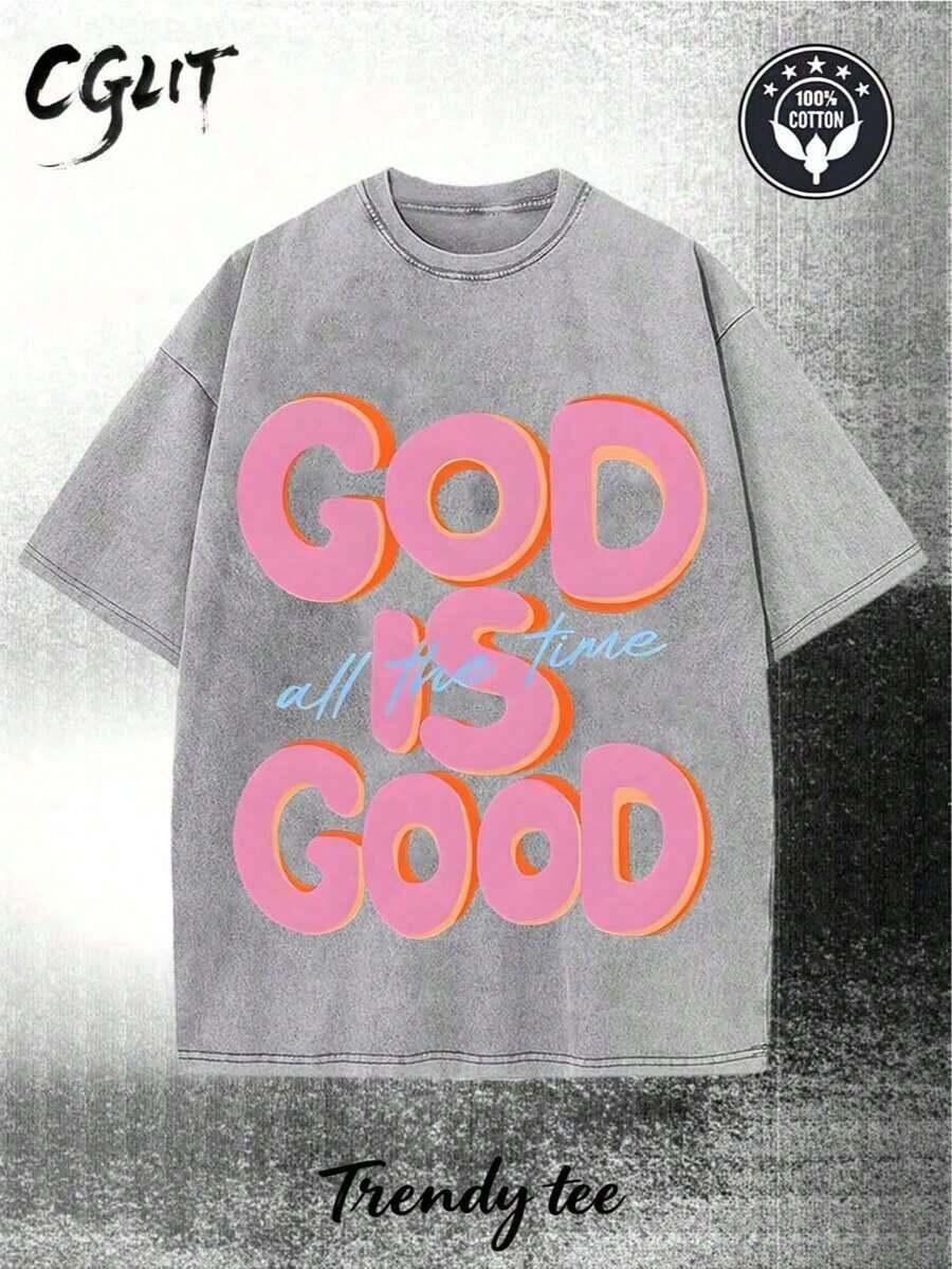 1 X 230g Pure Cotton Washed T-Shirt, Men's Casual Fashion, With 'GOD IS GOOD All The Time' Print, Outdoor Sports T-Shirt. | Loose Fit | Soft Knit T-Shirt | Loose Fit | Casual Holiday Wear 180g 100% Cotton - 灰色 - 查看 1