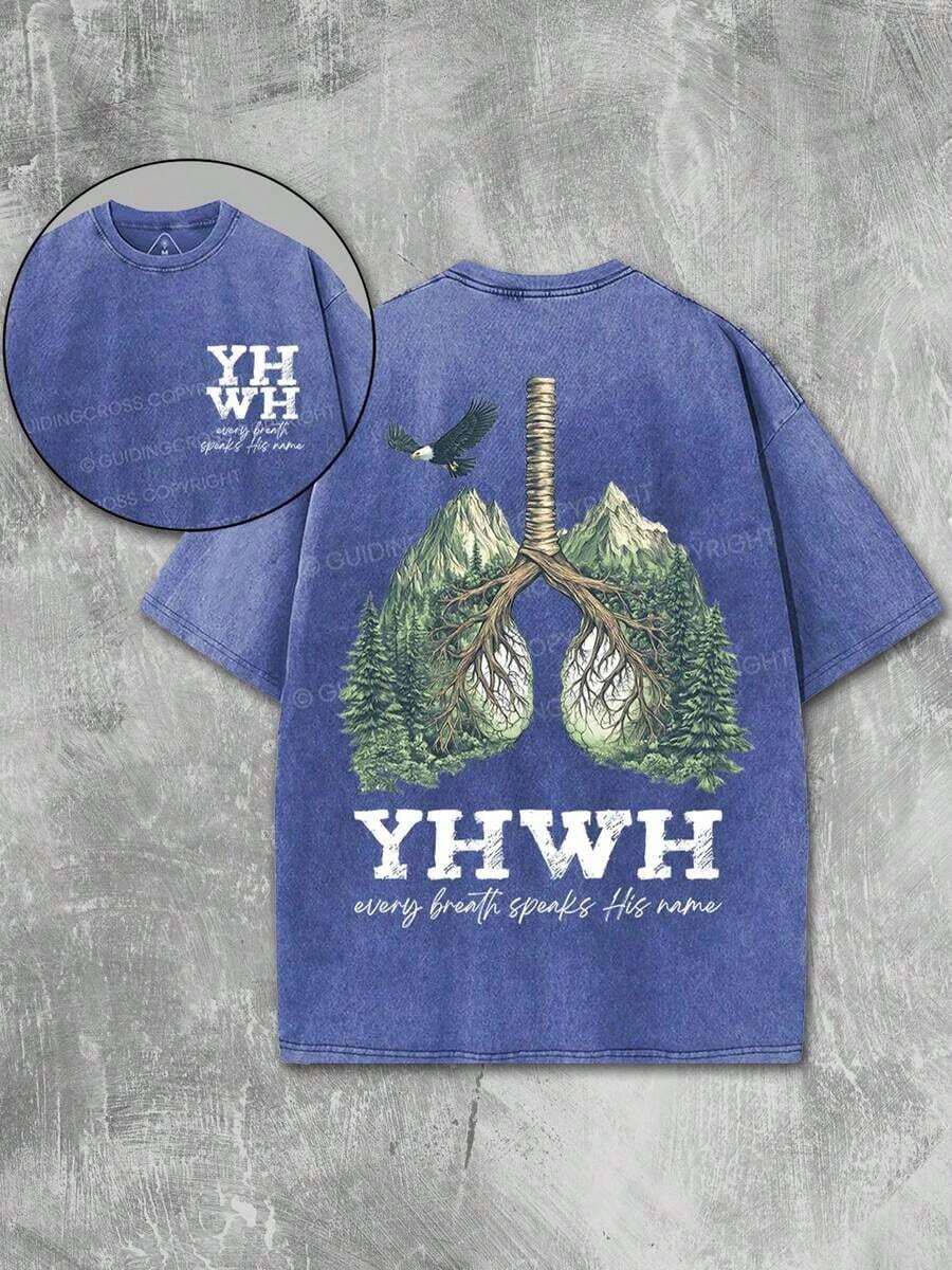 2026 Nueva Camiseta Estilo Americano% Algodón YHWH Nature Vintage Lavada% Algodón |   Grafica Pulmones del Bosque con Pájaros, Tela Desgastada - Ropa de Inspiración Religiosa y Idea de Regalo Significativa |   Unisexo - Azul - Ver 1