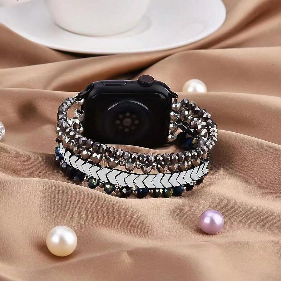 1 Pack Beaded Stretch Solo Loop Band Compatible With Apple Watch Band 38mm 40mm 41mm 42mm 44mm 45mm 46mm 49mm For Women, Fashion Multi-Layer Crystal Beaded Elastic Nylon Strap For Apple Watch Series Ultra/SE/10/9/8/7/6/5/4/3/2/1 - Multicolor - View 1