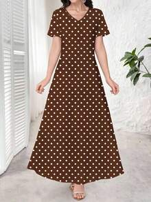 Al Najma Vestido azul marino elegante de mujer con cuello en V, de manga corta, con estampado floral, que se puede usar como prenda exterior o interior/vestido de trabajo, adecuado para citas, vacaciones, uso diario, casual, fiestas, festivales, vestido largo, vestido largo de primavera/verano para mujer, vestido largo fluido, vestido largo floral, vestido azul marino - Café integral - Ver 5