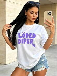 T-shirt femme d'été décontracté doux à col rond et manches courtes, imprimé graphique texte Loded Diper violet, convient pour le printemps et l'été. Noir - Blanc - Voir 1