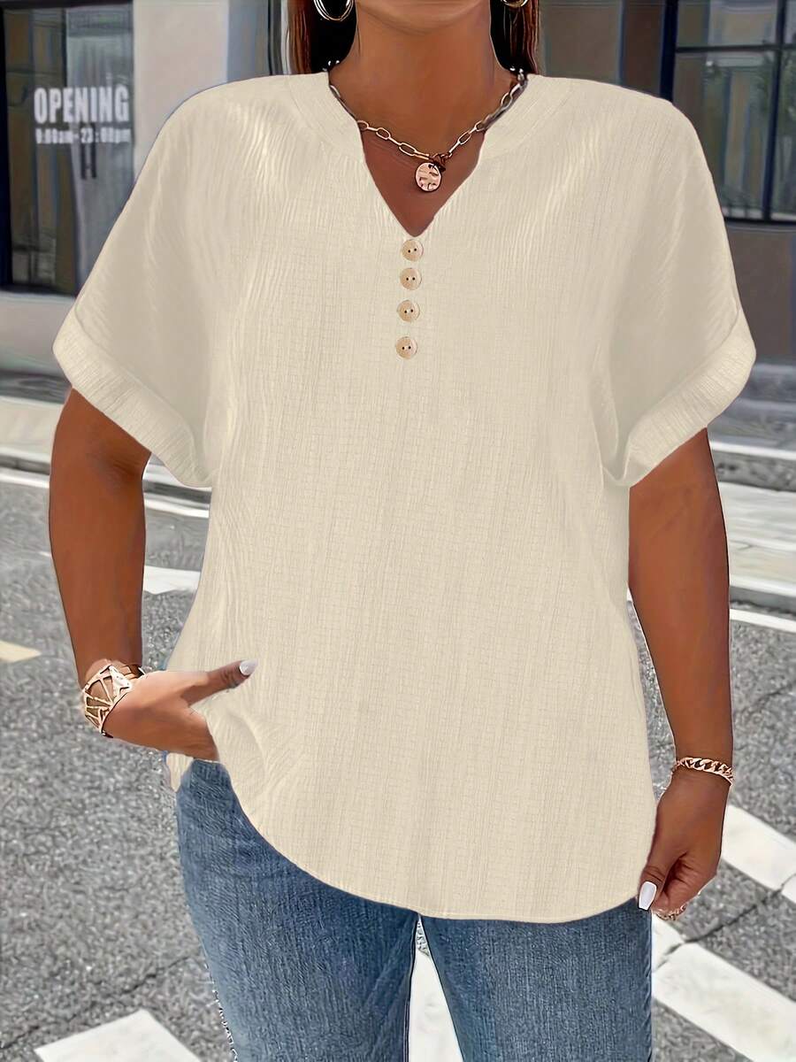 Plus Size Women's Solid Color Button Casual Shirt Summer - Beige - View 1