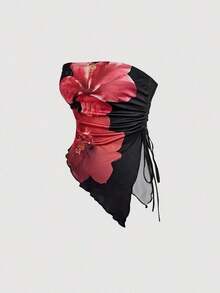 MOD 4 piezas Parte superior corta ajustada tipo tubo, con lazo en la cintura, top bandeau estampado, top corto sin tirantes, paquete de 4 tops bandeau tipo tubo para mujer con detalle de fruncido y cordón, estampado floral, para primavera/verano, té, salir - Multicolor 12 - Ver 4