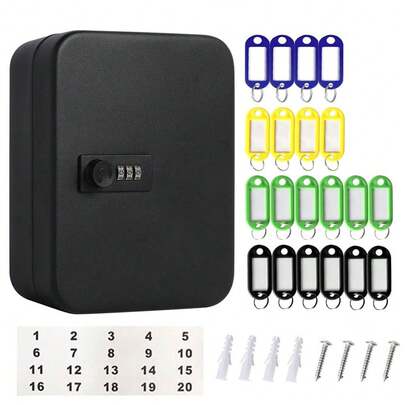 1pc Black Metal Car Key Storage Box With Password Lock, Includes 20 Key Rings, Wall-Mounted Key Holder