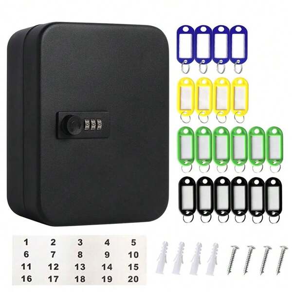 1 pieza Caja de almacenamiento de llaves de coche de metal negro con cerradura de contraseña, incluye 20 anillos para llaves, organizador de pared para llaves de casa, oficina, garaje y puerta, gabinete para llaves y sistema de acceso de emergencia