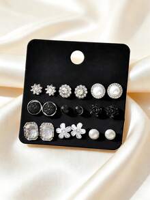 9 Pairs Fashion Versatile Flower Pearl Earring Set - Silver - View 1