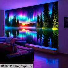 1pc Aurora Night Forest Lake Tapestry, Glow In The Dark Wall Decor Hanging Cloth Bed Headboard Background, Perfect For Living Room, Office Or Meditation Area - A - View 12