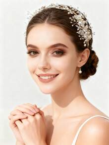 1pc Elegant Fairy Gold Tone Wire-Wrapped Crystal Pearl Leaf Bridal Headband -Wedding Hair Accessory For Brides, Bridesmaids, Balls &Special Occasions - Gold - View 3