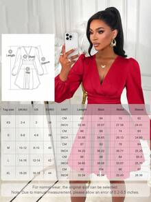 AIJ Chân váy mini satin bóng mượt màu trơn thanh lịch dành cho nữ, cổ chữ V, dáng chữ A, tay phồng, thích hợp cho mùa thu và xuân. Phù hợp cho các bữa tiệc, đi làm hàng ngày, Giáng sinh, Năm mới và các dịp khác. Màu đỏ - Đỏ - Xem 3