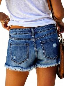 Women's Front Button Pocket Frayed Hem Casual Denim Shorts Summer - Dusty Blue - View 3