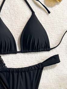 Conjunto de bikini de atar elegante y vintage de color marrón sólido para mujer, ideal para vacaciones y casual. Vestido con textura como cubierta de traje de baño, traje de baño para playa - Negro - Ver 5