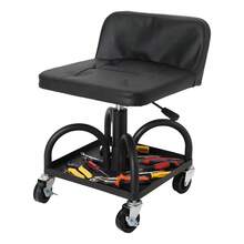 Taburete mecánicoánico rodante para taller - Altura ajustable y diseño ergonómico - Asiento acolchado, respaldo, bandeja para herramientas, ruedas giratorias 360° - A - Ver 1