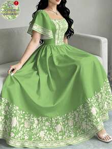 Vestido de manga corta con cuello cuadrado y estampado floral, vestido de longitud media con cintura ceñida, vestido largo con estampado floral verde para el verano - Multicolor 7 - Ver 5