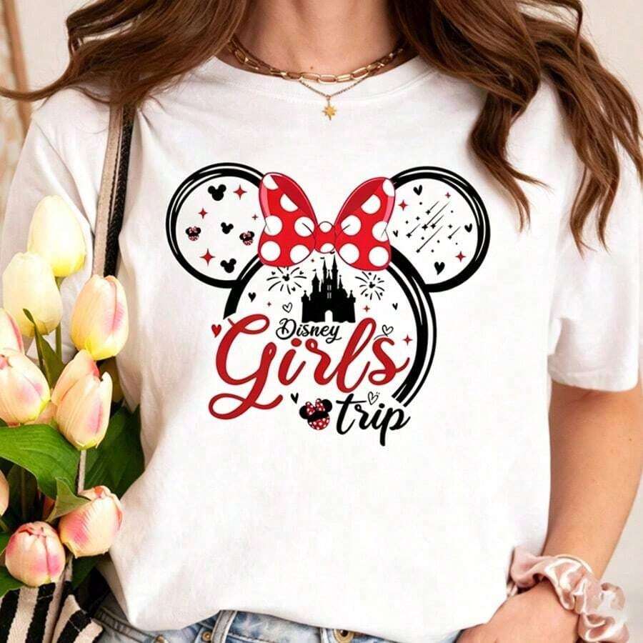Authorized By Disney. Mickey Mouse) The Front Presents Minnie's Ear Outline In A Simple Illustration Style, With The Iconic Polka-Dot Bow, Castle Fireworks And The Handwritten Font "Girls Trip", And A Group Of Elegant Ladies And Ladies' Cotton T-Shirts. The Fabric Is Soft, Comfortable, And Breathable, Suitable For Daily Wear, Shopping, Travel, Parties, And Home Use. Men's And Women's Clothing, As Well As Lovers' Clothing, Are Also Suitable As Exquisite Gifts. Every Woman Should Have One. - trắng - Xem 1