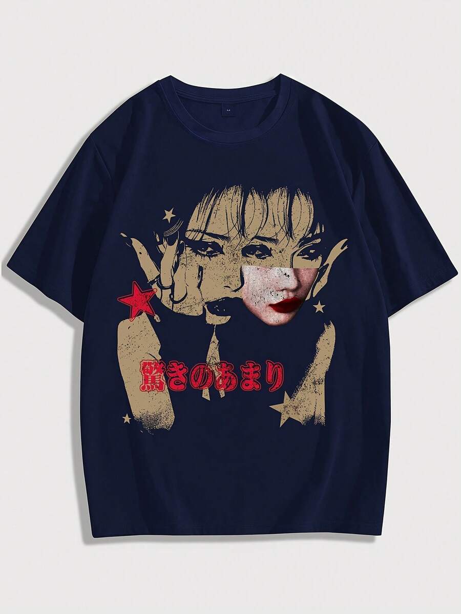 Men's Fashion Portrait Print T-Shirt, Casual Sports T-Shirt, Loose Fit Short Sleeve Black Shirt With Character Portrait. - 灰色 - 查看 1