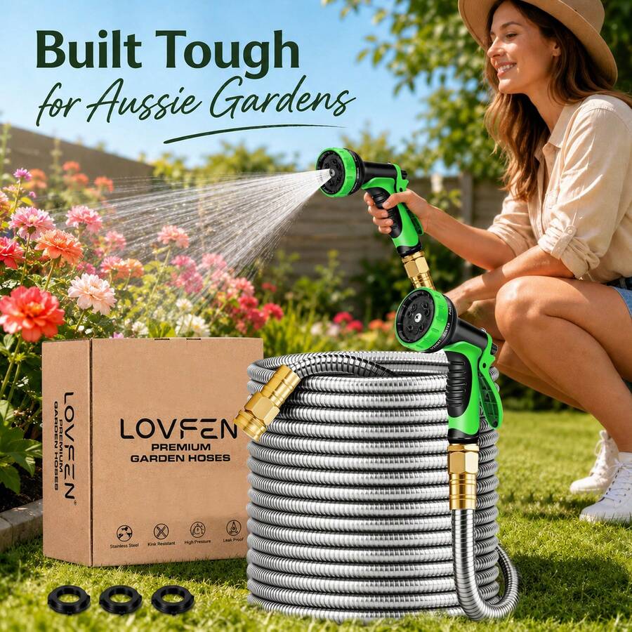 LOVFEN 25-150ft Metal Garden Hose Kit,Stainless Steel Heavy Duty Water Hose ,With 10 Function Nozzles,Flexible No-Kink, Pet-Proof, Puncture-Proof Rust-Proof For Yard, Outdoors - Ống tưới vườn bằng kim loại - Xem 1