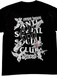 Camiseta de hombre con estampado gótico de ángeles y manos,diseño antisocial,estilo urbano casual para vestir a la moda. - Negro - Ver 6