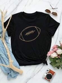 Camiseta de fútbol americano para mujer - camiseta gráfica de moda, informal, de manga corta, ropa deportiva para aficionados, algodón blanco, regalo para el día del partido - Negro - Ver 6