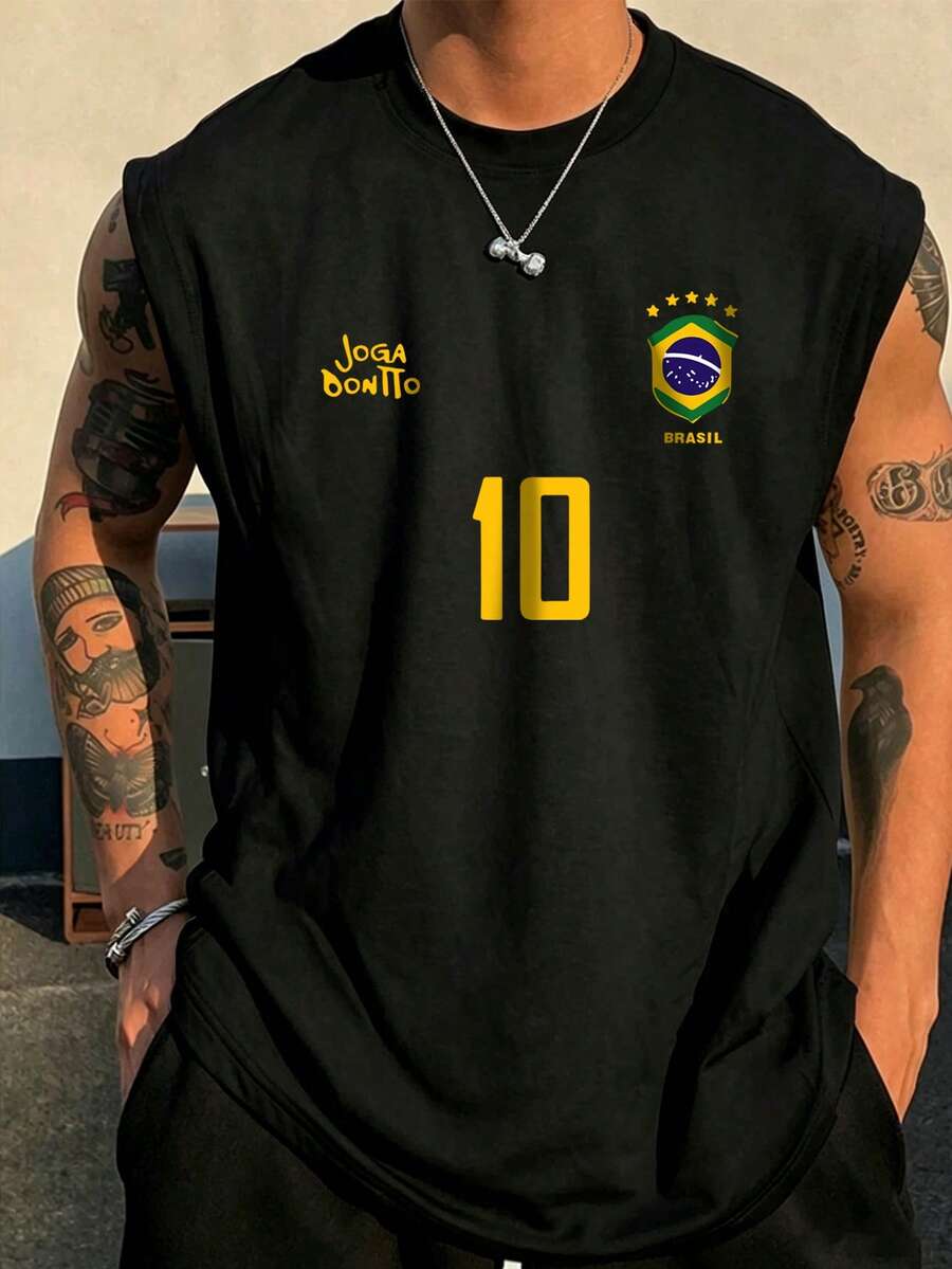 Áo ba lỗ nam in hình, áo đấu bóng đá Brazil kiểu retro, trang phục thường ngày dành cho người hâm mộ bóng đá, áo bóng đá, chất liệu vải dệt kim thoáng khí 100% polyester, kiểu dáng vừa vặn, cổ tròn. - màu đen - Xem 1