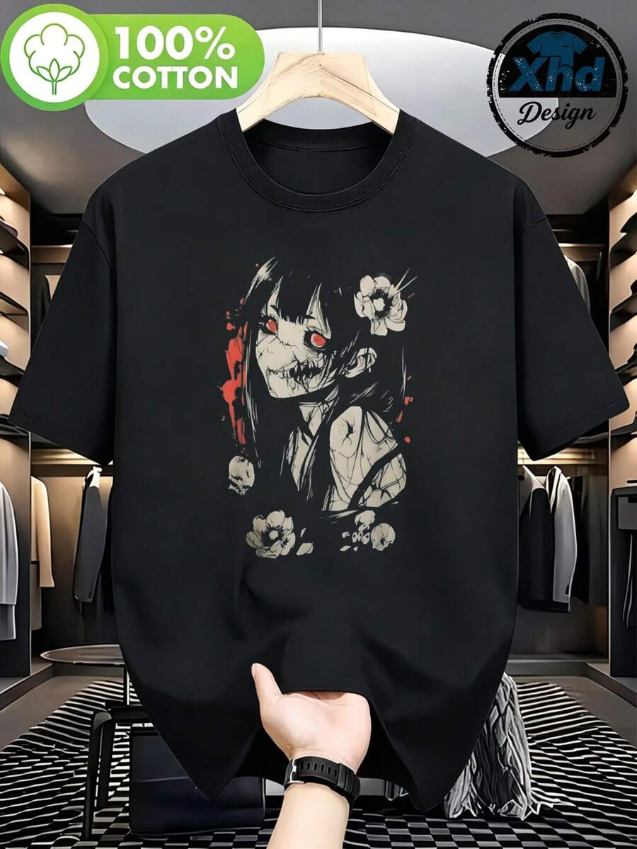 Men's T-Shirt Anime Girl With Flowers And Red Eyes Comfortable And Versatile Short Sleeve Casual Outdoor Wear - 黑色 - 查看 1