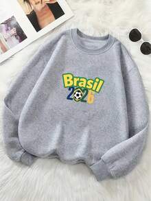 Women's Casual Crew Neck Sweatshirt With Brazil 2026 Football Print, Versatile Long-Sleeved Crew Neck Top, Machine Washable, Suitable For All Seasons, Women's Clothing, Cheapest, World Cup And Elections - 灰色 - 查看 4