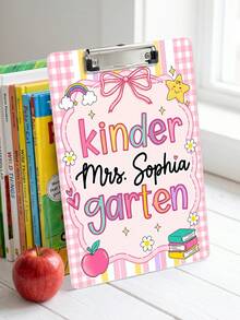 1pc Custom Name Kindergarten Teacher Clipboard, Personalized Back To School Clipboard, Cute Pink Grid Pastel Classroom Clipboard For Teachers Day, Teacher Appreciation Gift - Multicolor - View 5